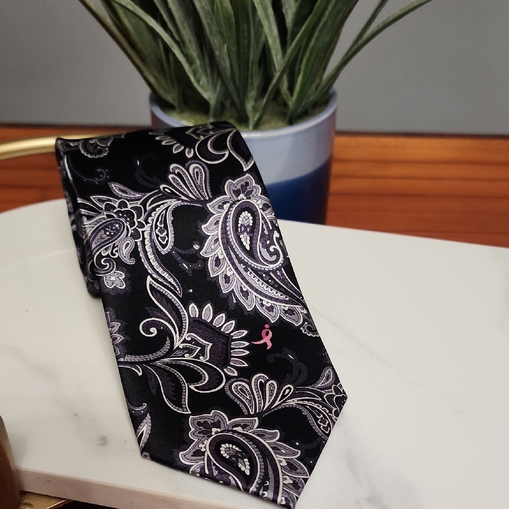 Knots For Hope Elegant Black and White Paisley Necktie With Pink Ribbon Detail